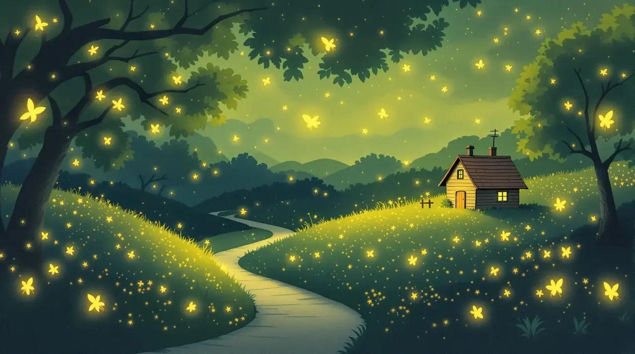 福利视频合集夏日夜晚萤火虫飞舞的温暖插画背景
